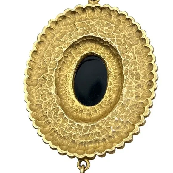 Gold Tone Victorian Revival Necklace Black Glass Medallions Tassel Pendant 36" - Picture 11 of 13